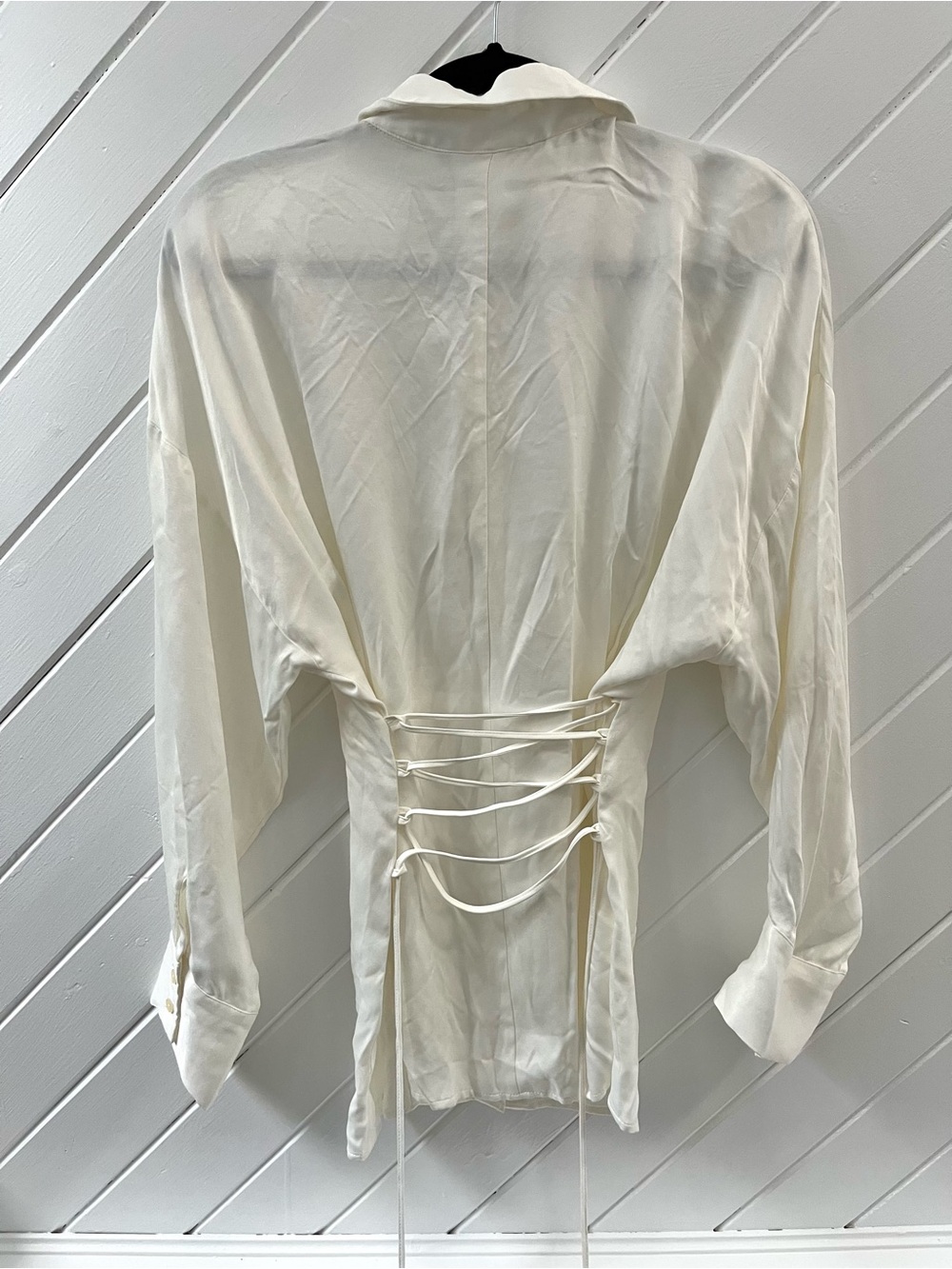 ZARA Classic White Satin Button-Up Shirt with Lace Up Back